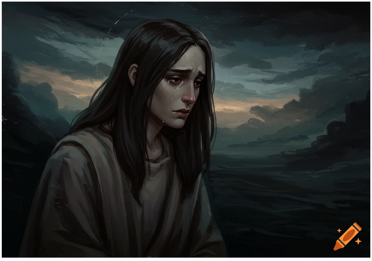 A sorrowful woman crying against a stormy sky.