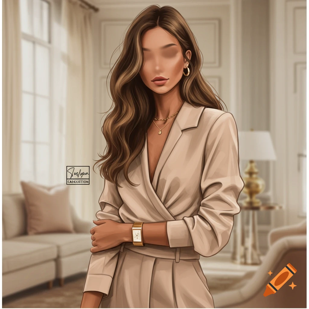 An elegant woman in a beige suit and gold jewelry