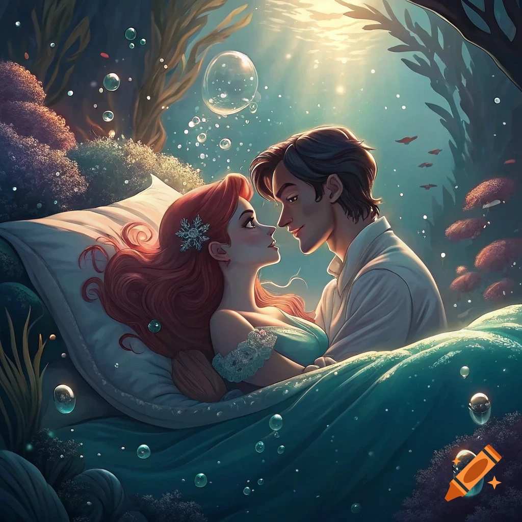 Fantasy illustration of a couple resembling Ariel and Prince Eric in a bed underwater looking at each other.