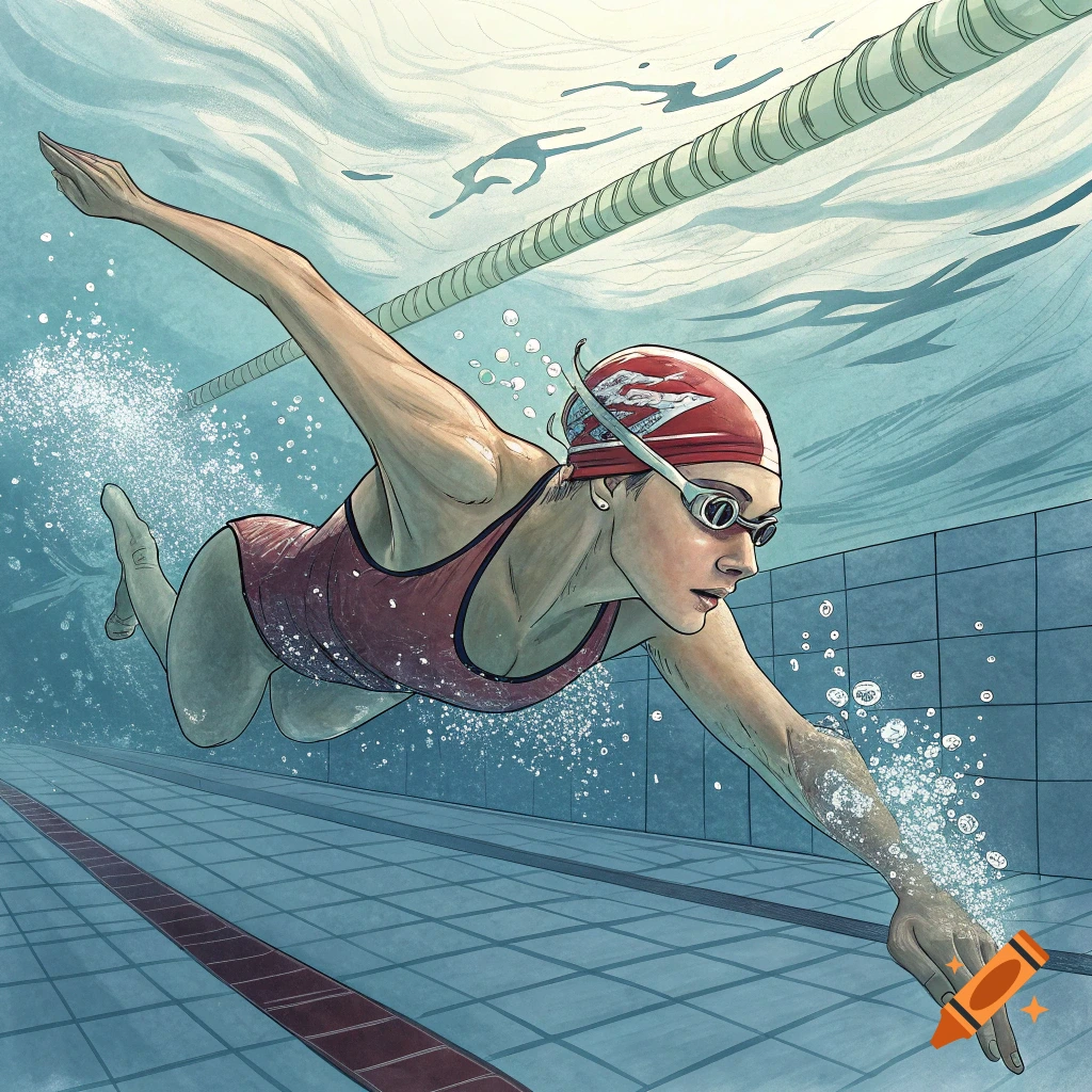Illustration of a woman swimming underwater in a pool.