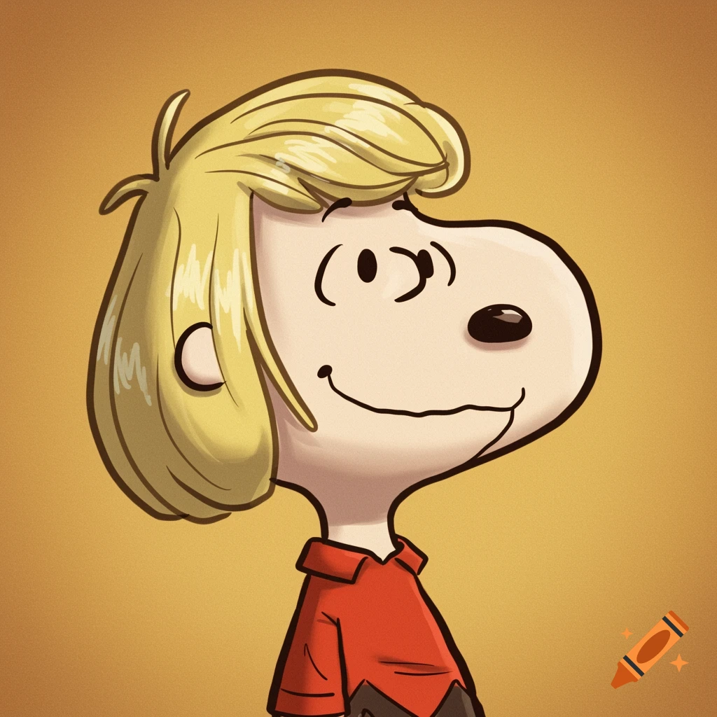 A Peanuts-style cartoon character with blonde hair smiles and looks to the right.