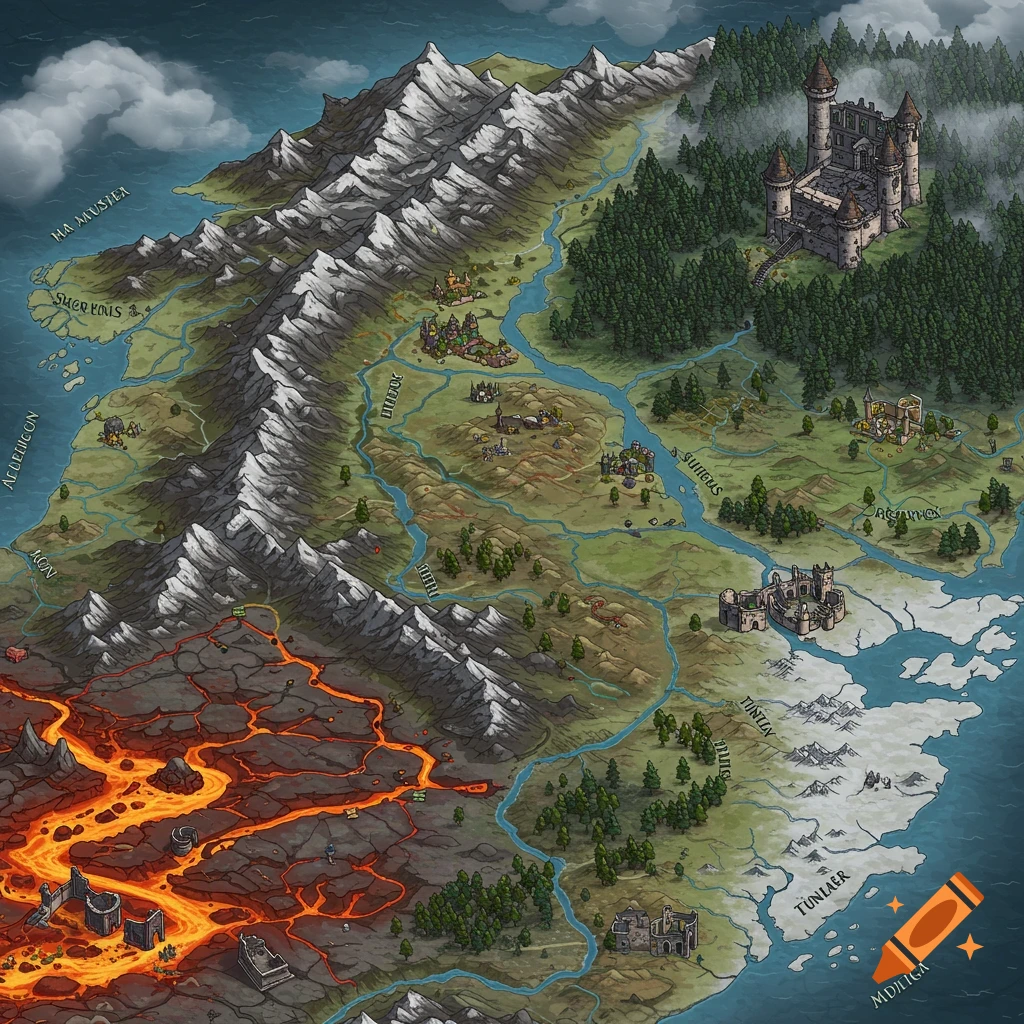 Detailed fantasy map showing diverse landscapes with mountains, forests, lava, castles, and villages.