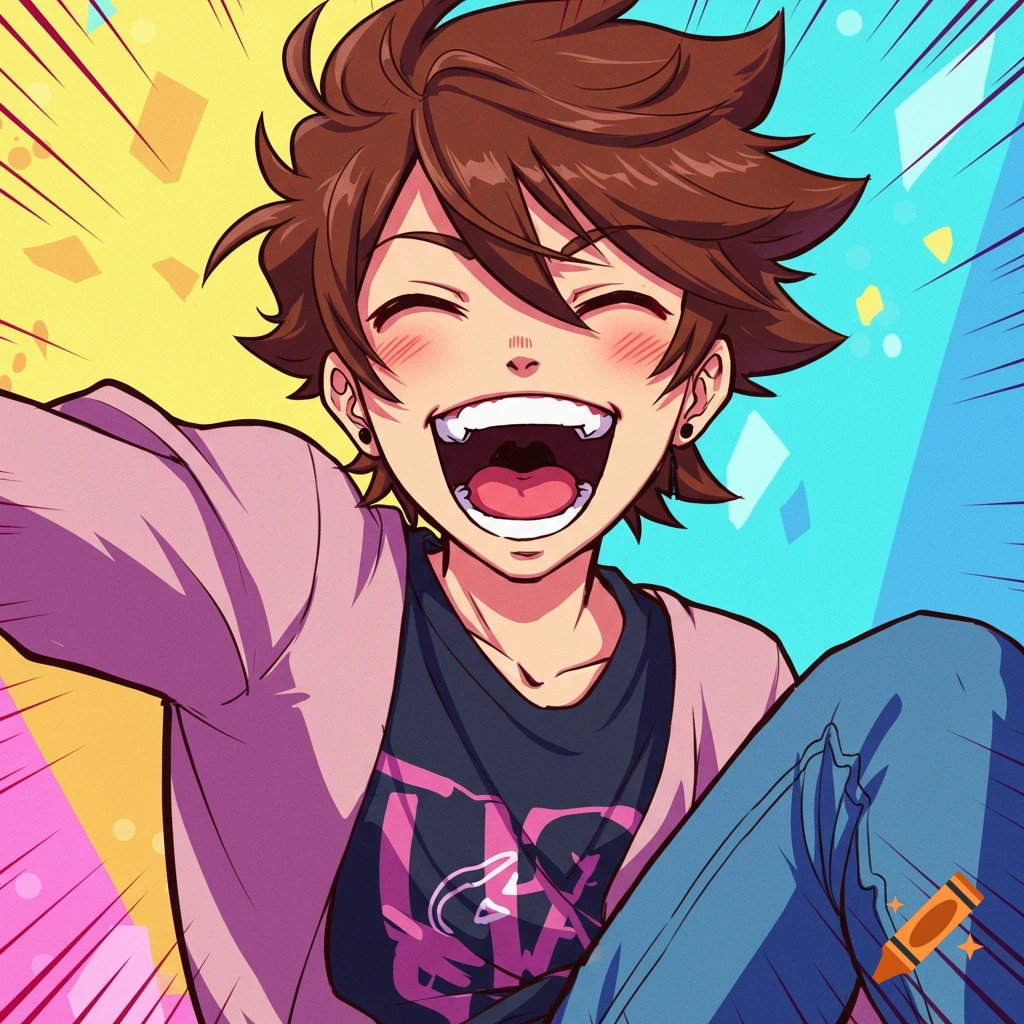 Anime style illustration of a laughing person with brown hair in front of a colorful background with confetti.