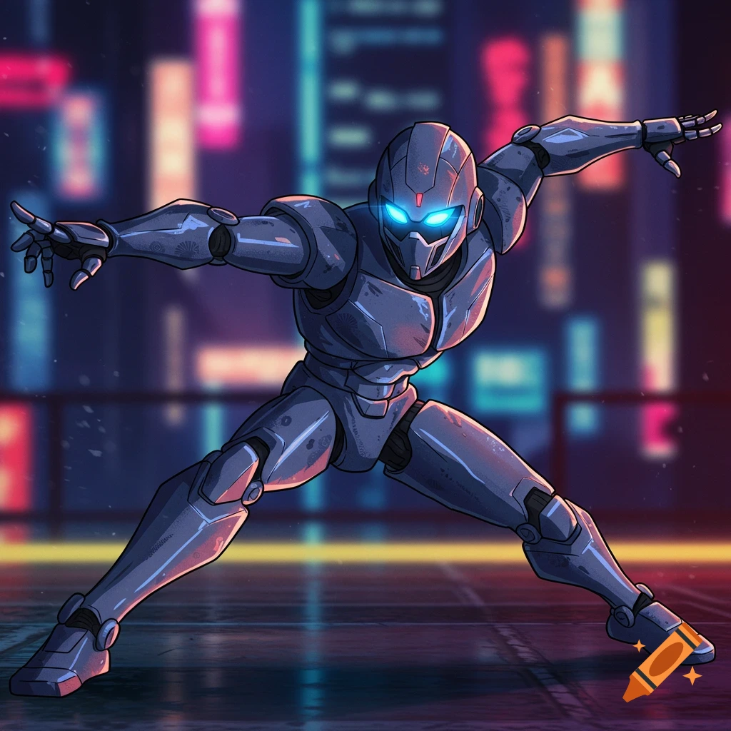 A sleek metallic robot in a dynamic pose against a blurred city lights background, in a cel-shaded anime style.