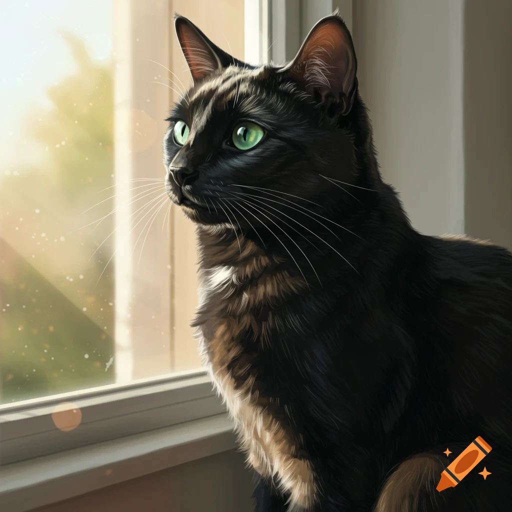 A black cat with green eyes sits and looks out a sunlit window, illustration style.