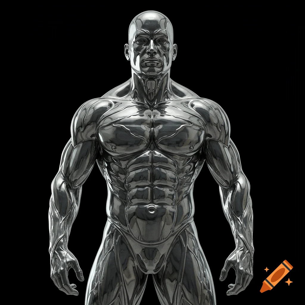 Extremely muscular figure with shiny silver skin against a black background