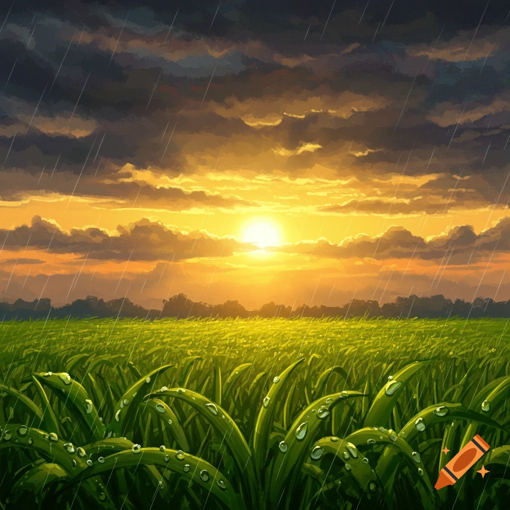 A field under a stormy sky with a bright sunset and rain.