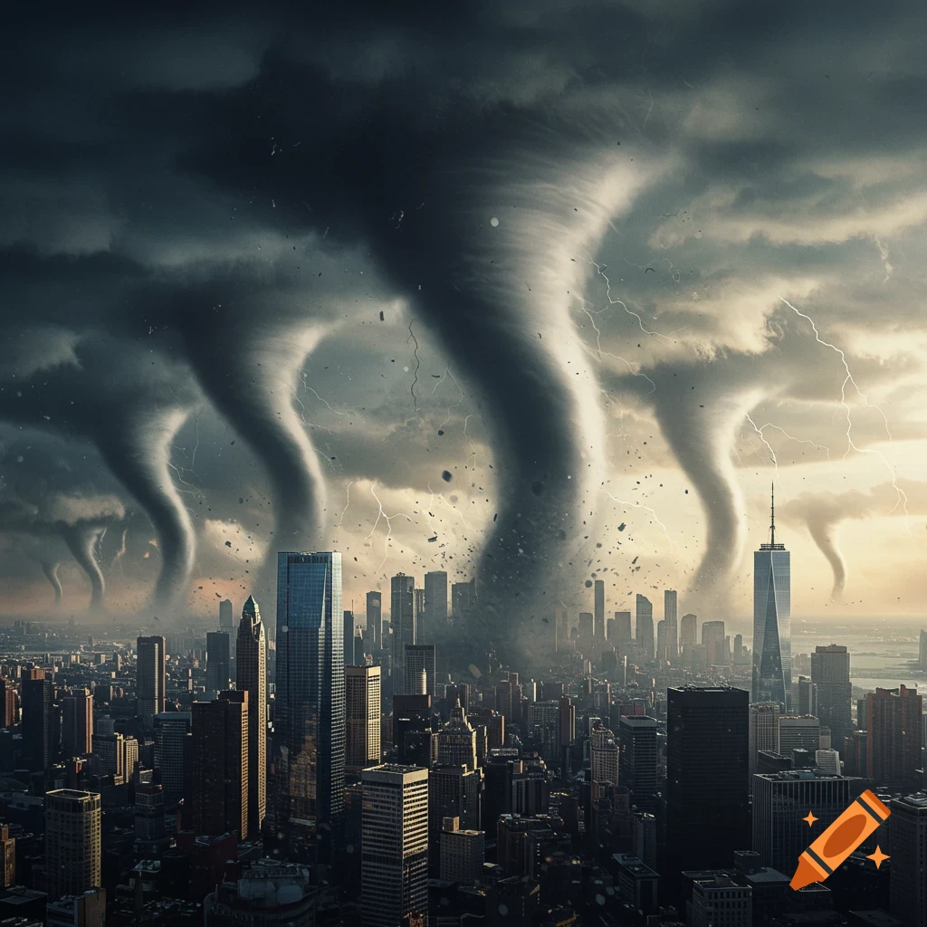 Multiple large tornadoes sweep across a city skyline under a dark, stormy sky with lightning.