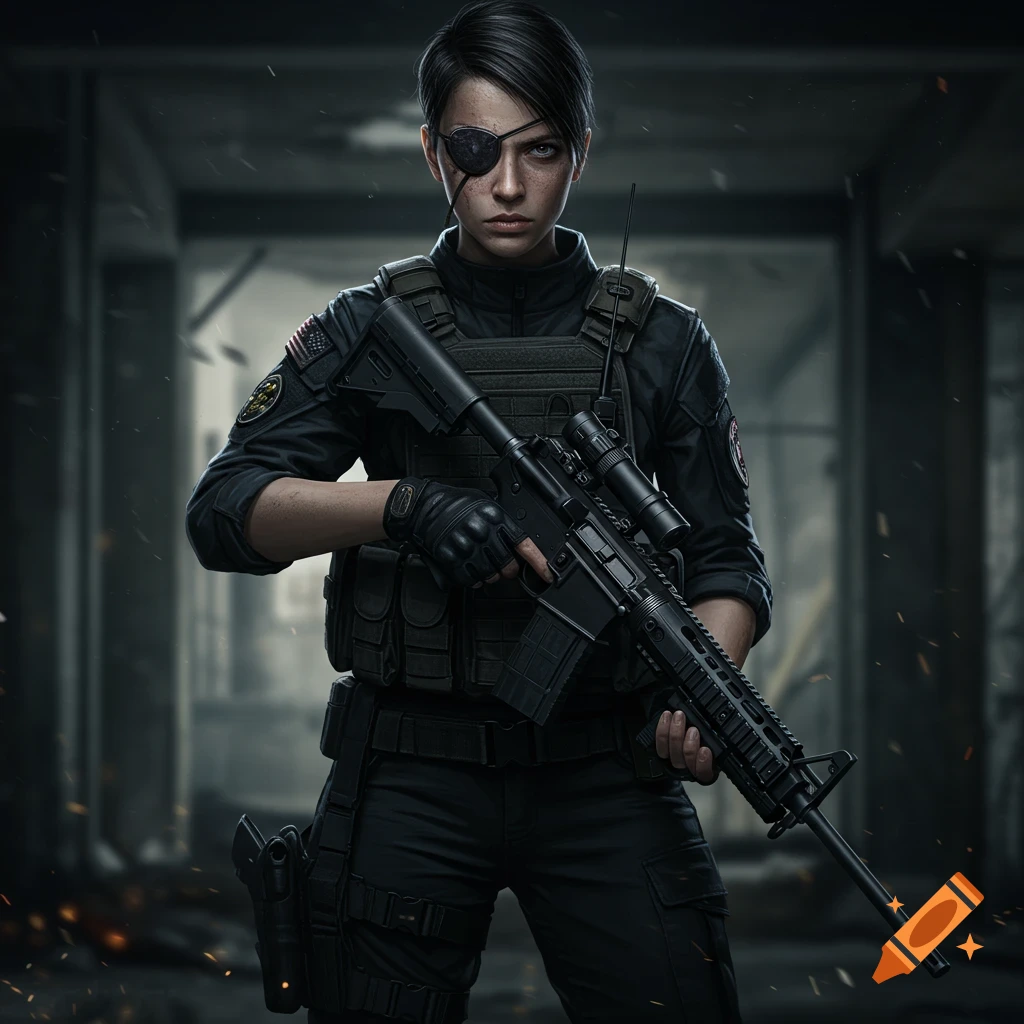 A woman with an eyepatch in tactical gear holding a rifle.