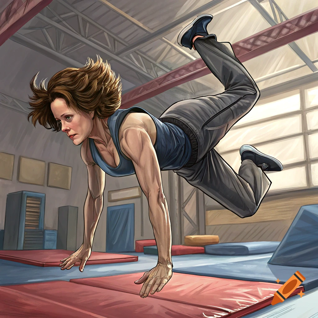 Illustration of a woman performing an acrobatic move on a mat in a gym.
