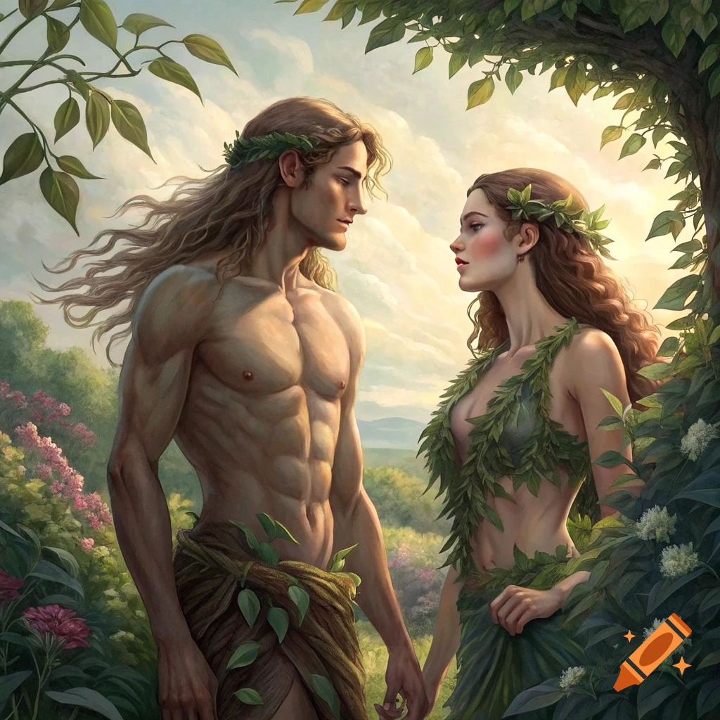 Adam and Eve standing in the Garden of Eden, looking at each other