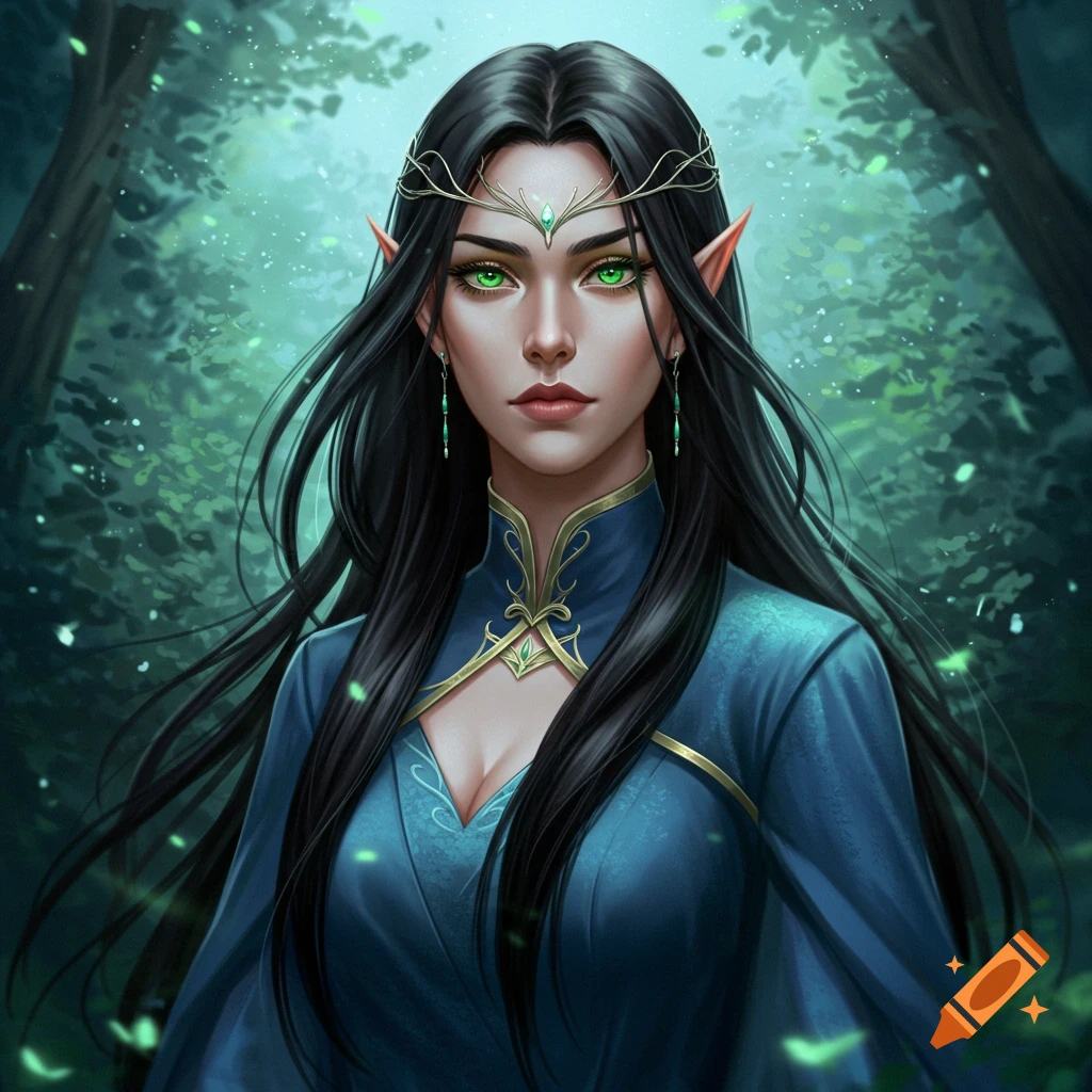 A dark-haired elf with green eyes wearing a blue dress in a forest.