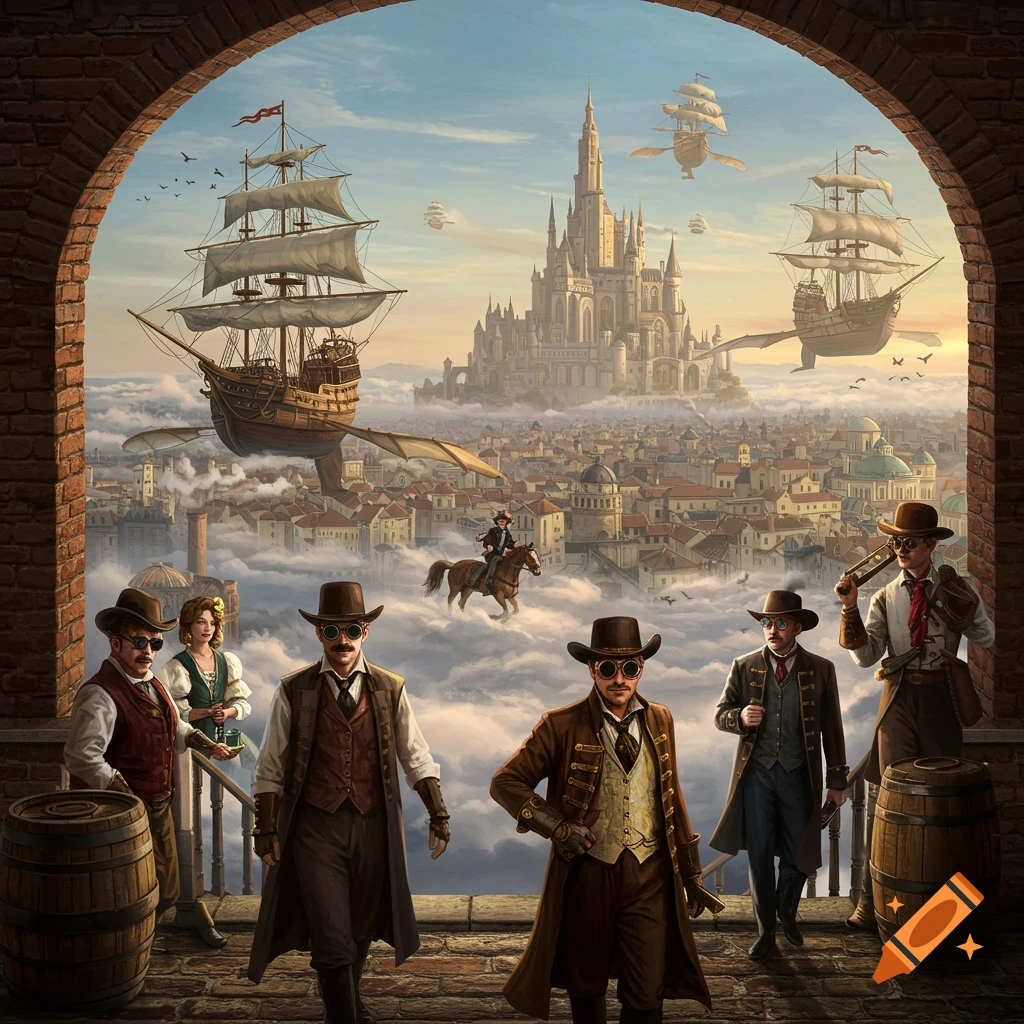 A steampunk city in the sky with flying airships, a castle, and people in steampunk attire.