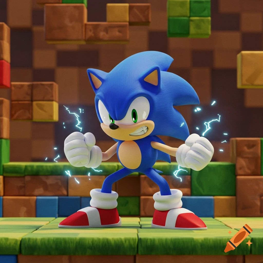Sonic the Hedgehog stands with electrical effects in a blocky world.