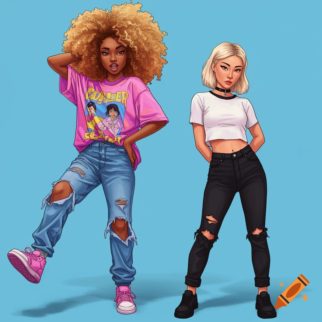 Two girls in dynamic poses wearing pop art style fashion.