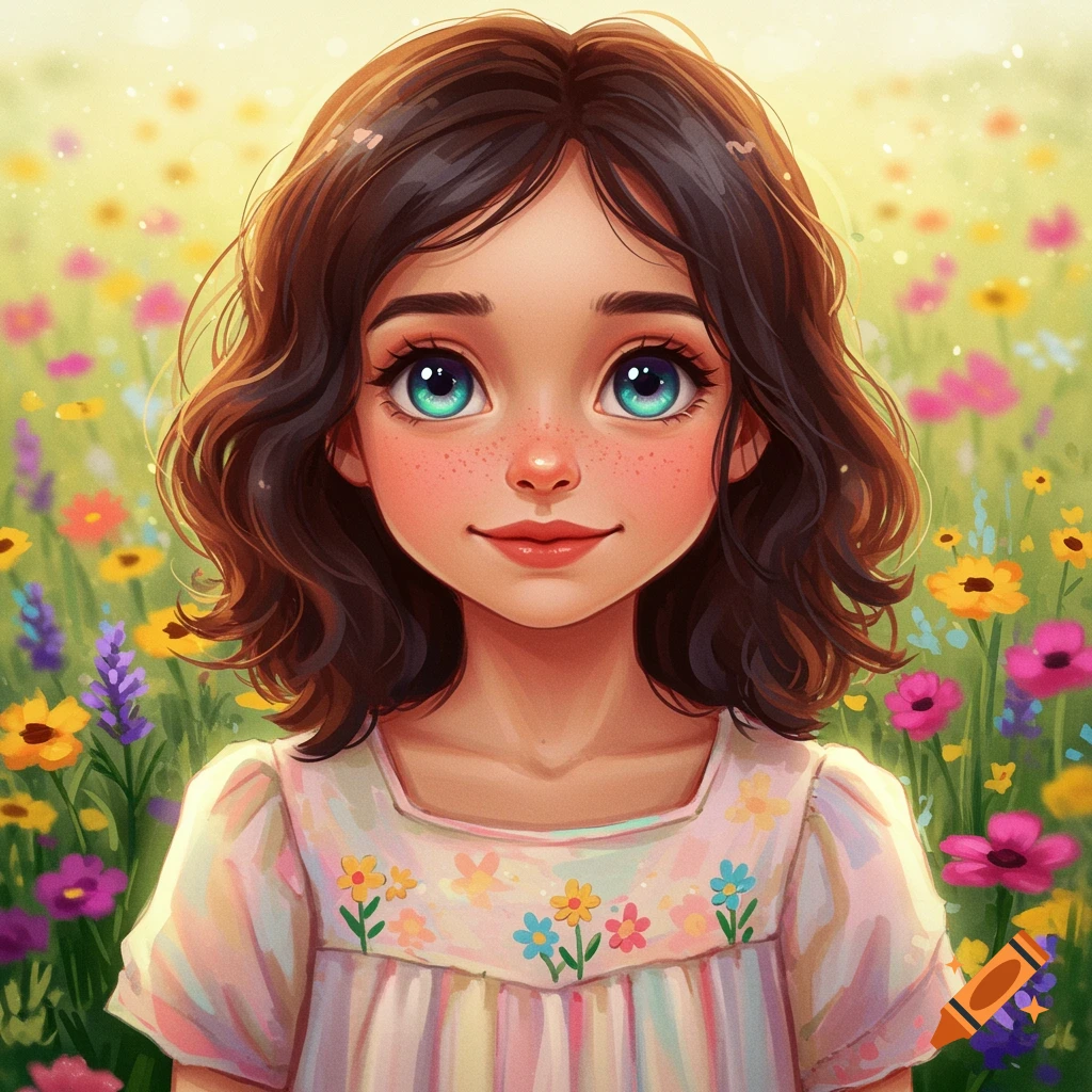 A young girl with striking blue eyes and delicate freckles stands amidst a vibrant field of colorful wildflowers.