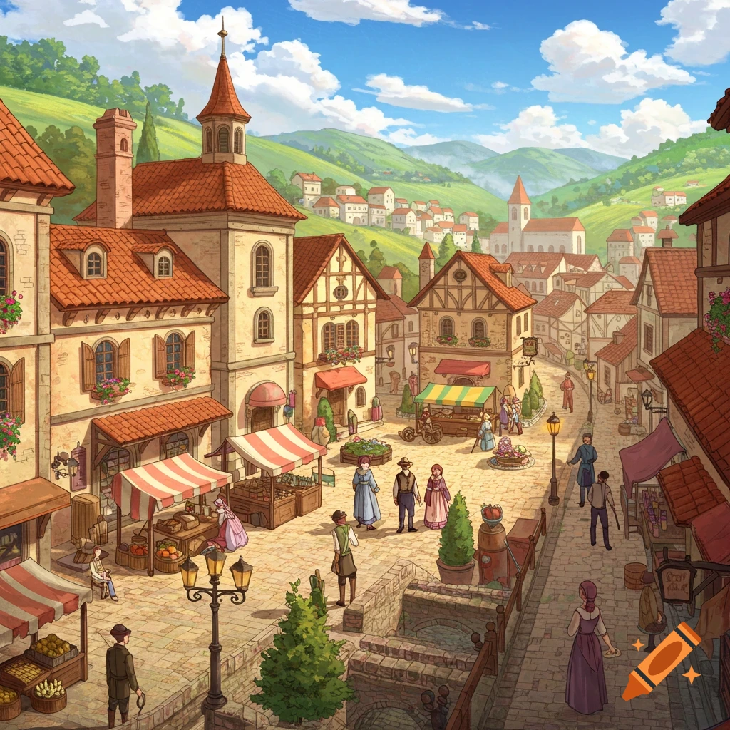 A bustling market square in a medieval-style town.