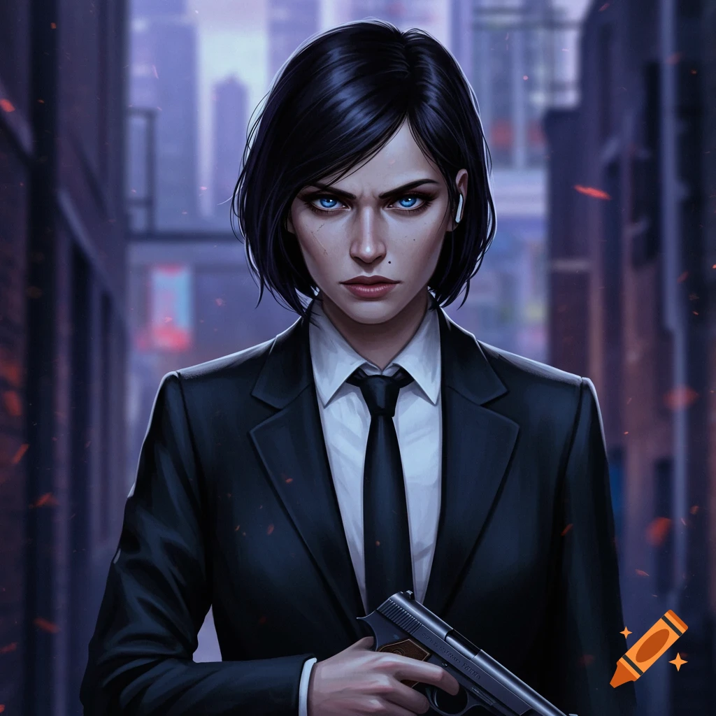 A woman in a suit holding a gun in an alley.