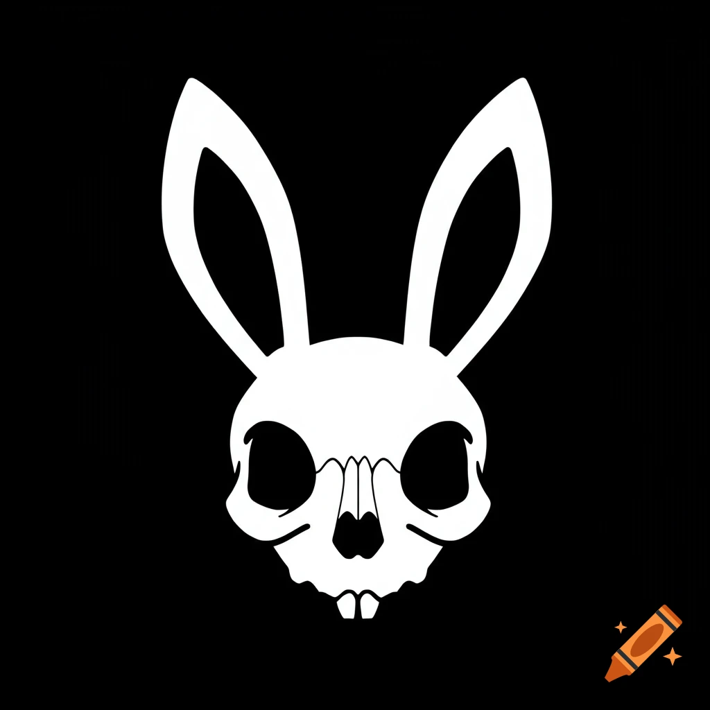 A simple white bunny skull emblem on a black background.