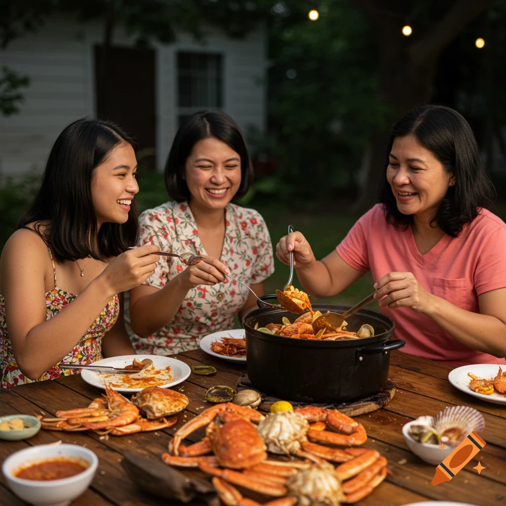 Three people enjoying a seafood boil outdoors at a table.