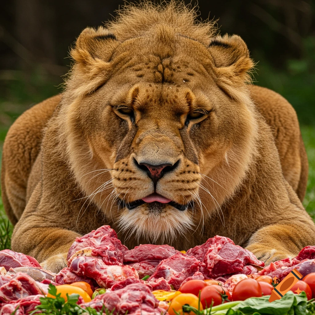 A photorealistic image of a lioness lying on the ground with a pile of raw meat and vegetables in front of her.