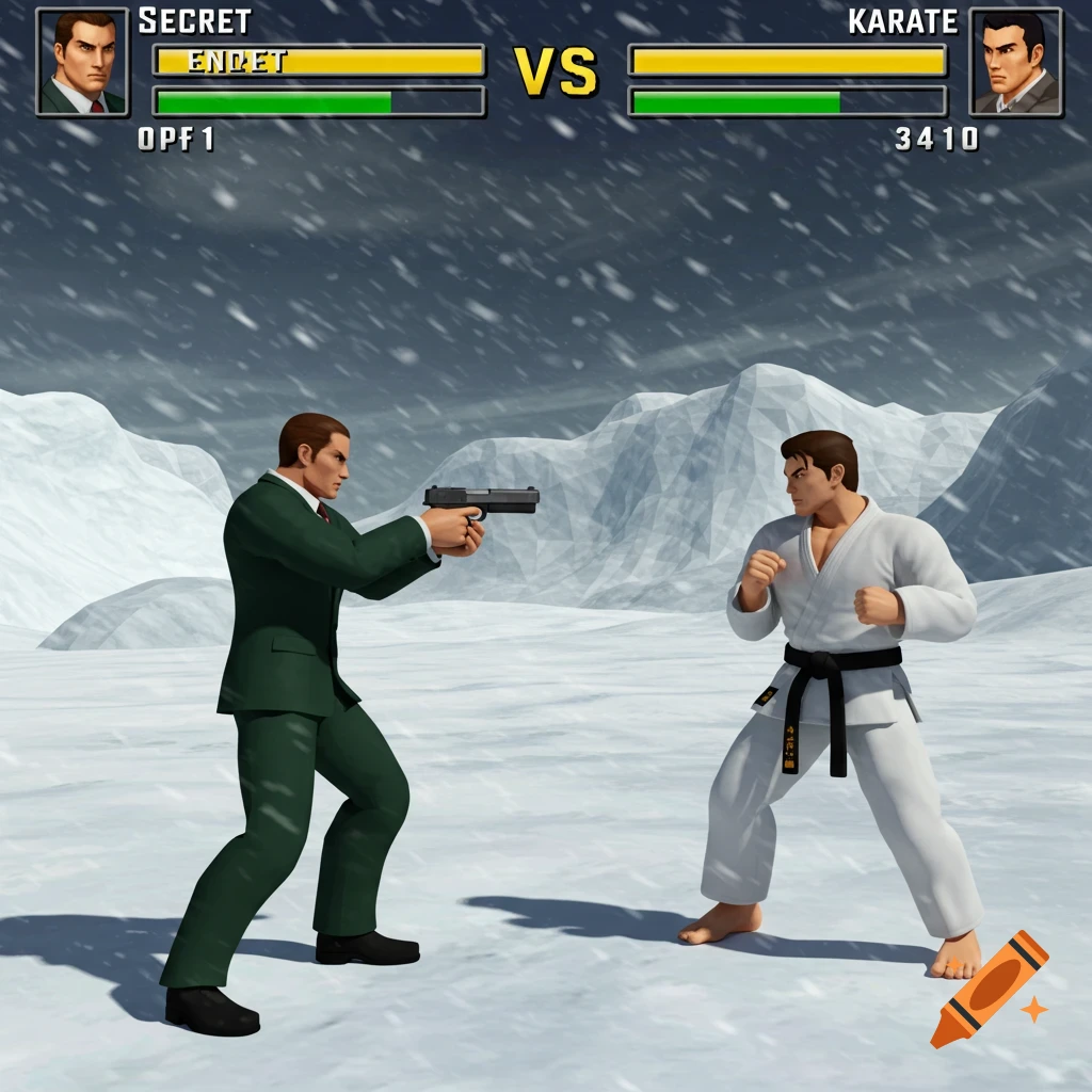 3D fighting game scene with PS2 graphics showing a secret agent with a gun facing a karate blackbelt in a snowy landscape.