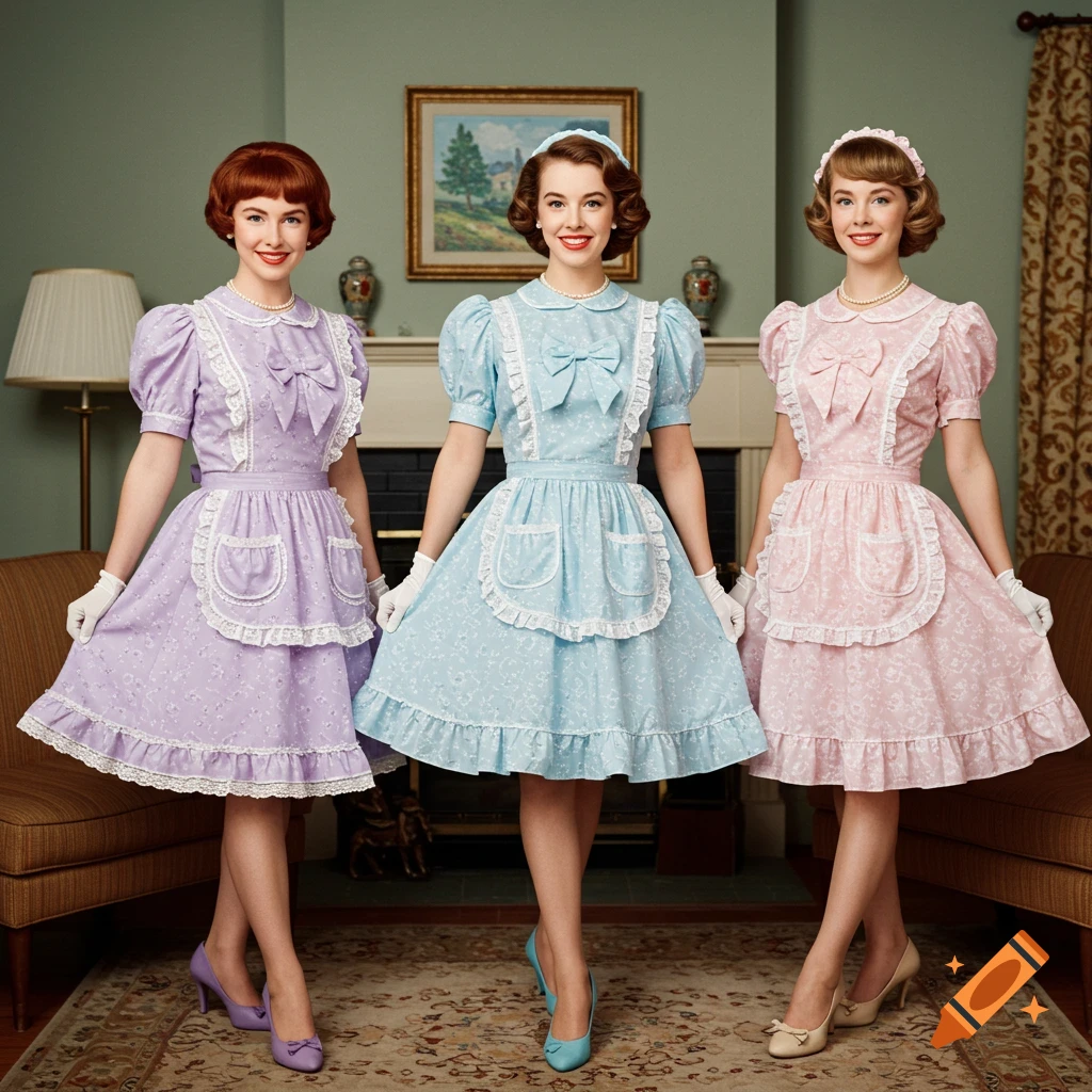 Three women in vintage 1950s dresses and aprons pose in a living room.