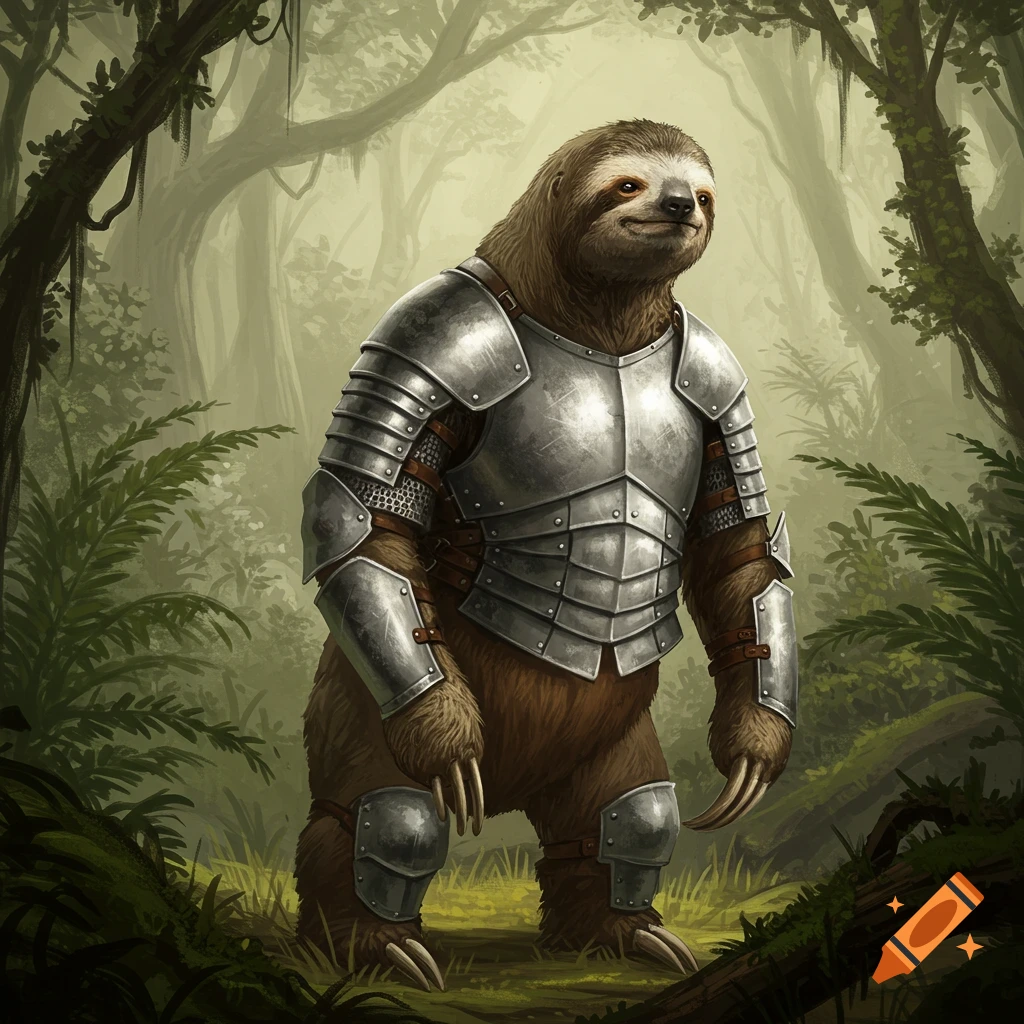 A giant ground sloth in plate armor in a forest.