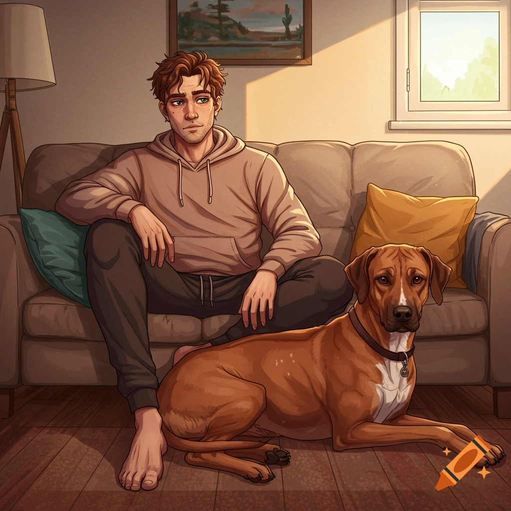 A man and a dog sit on a couch in a sunlit living room, digital art.