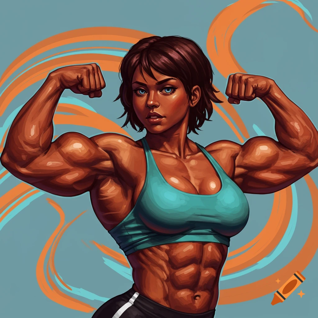 Painting of a muscular woman flexing her biceps.