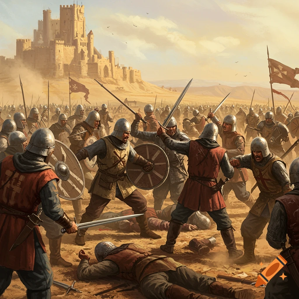 A painting of a medieval battle scene on a dusty field with soldiers fighting and a castle in the background.