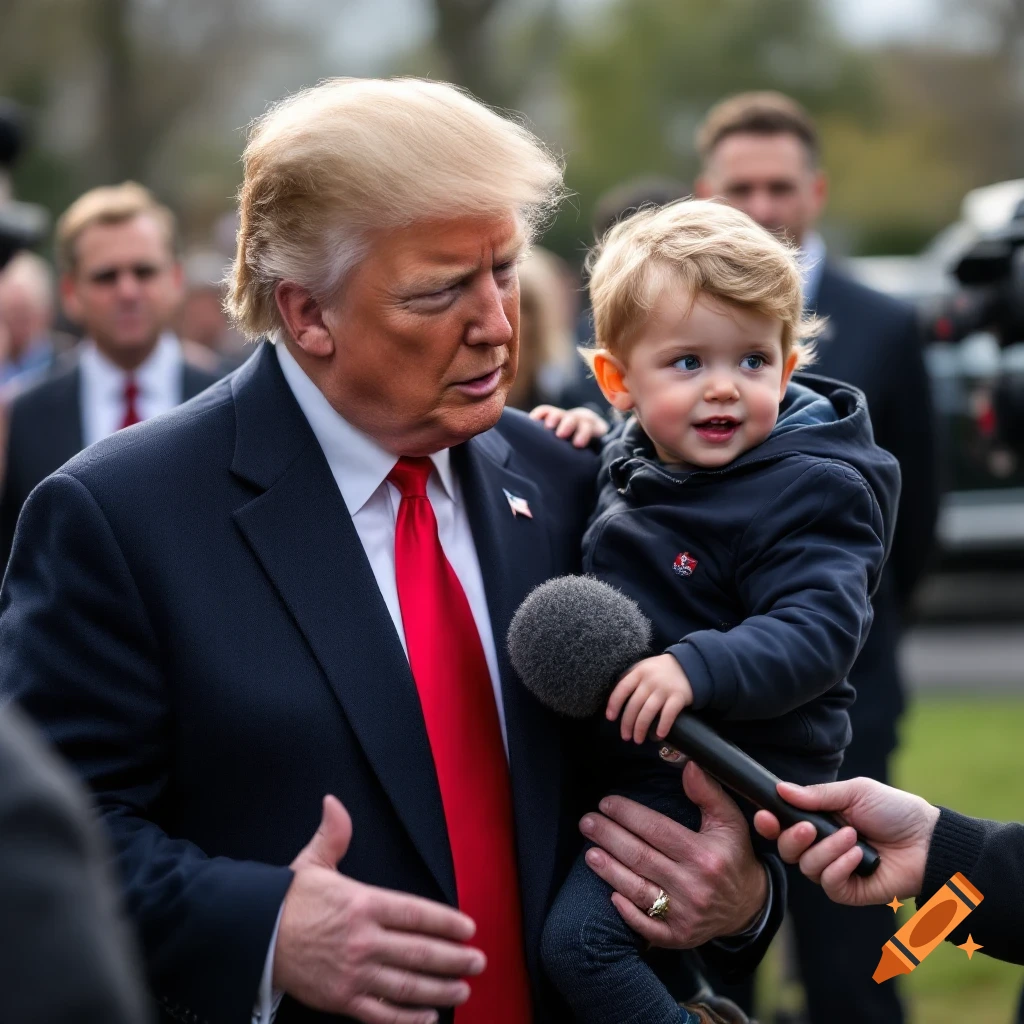 Donald Trump holds a young child while being interviewed outside.