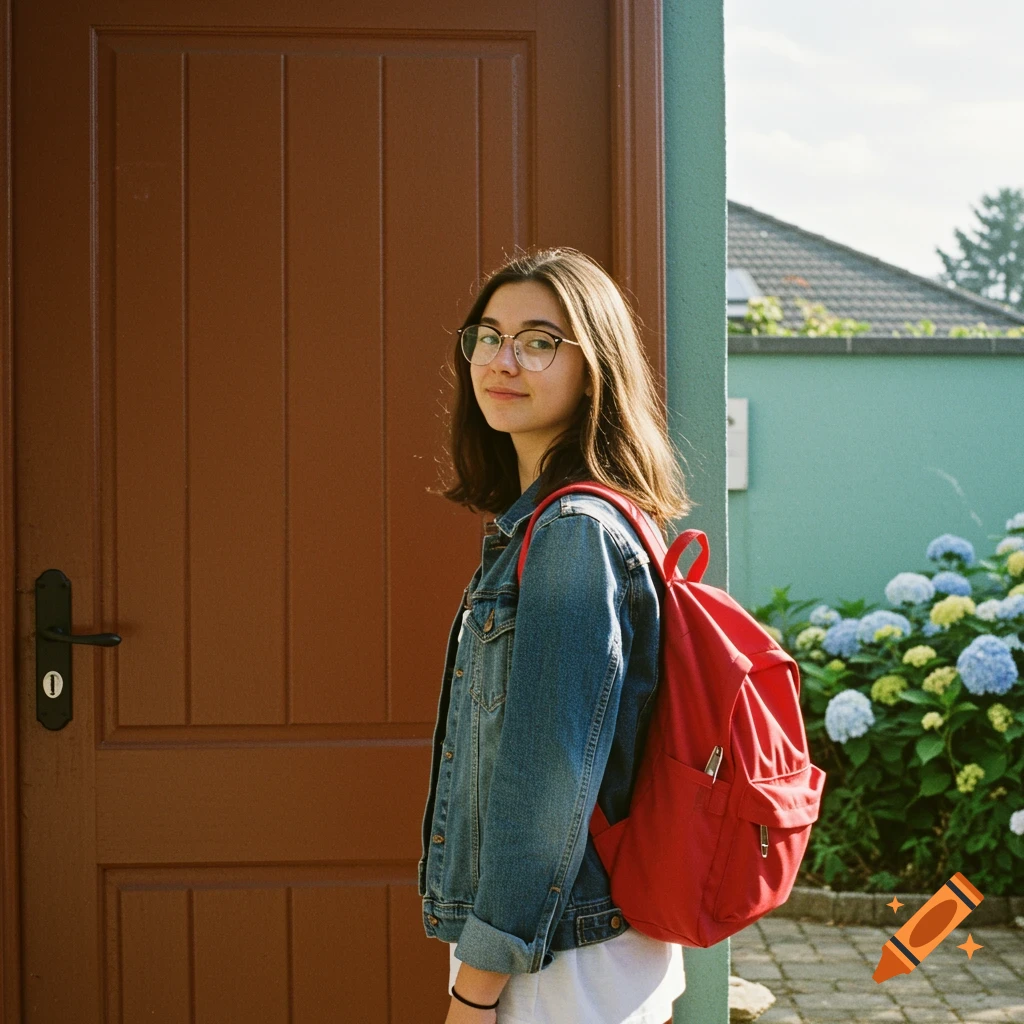 A young person with glasses and a red backpack stands by a wooden door outside.