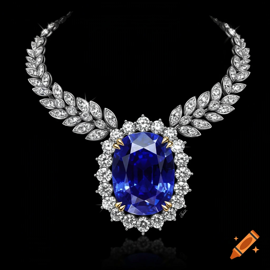 Digital illustration of a necklace with a large oval sapphire pendant surrounded by diamonds and a diamond-encrusted leaf design chain on a black background.