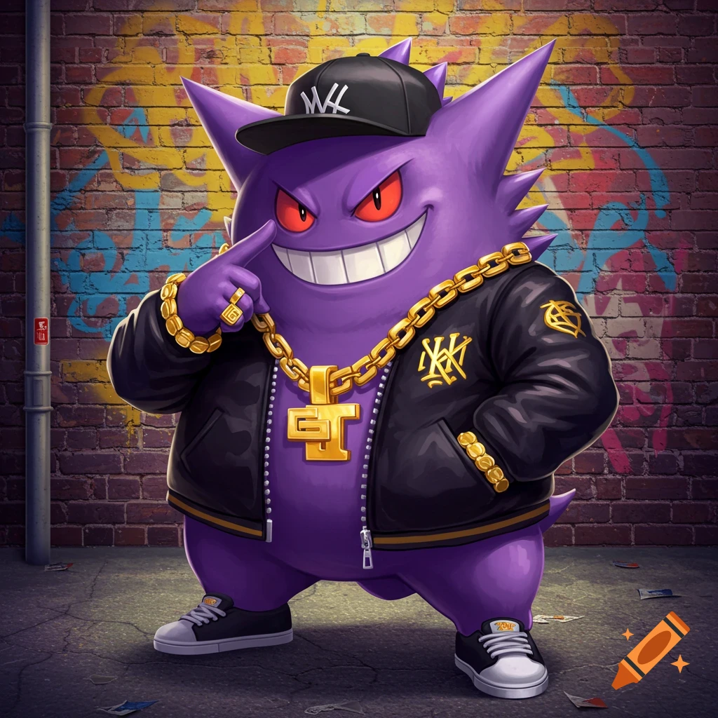 Purple cartoon Gengar wearing a hat, gold chain, and jacket stands in front of a graffiti wall.