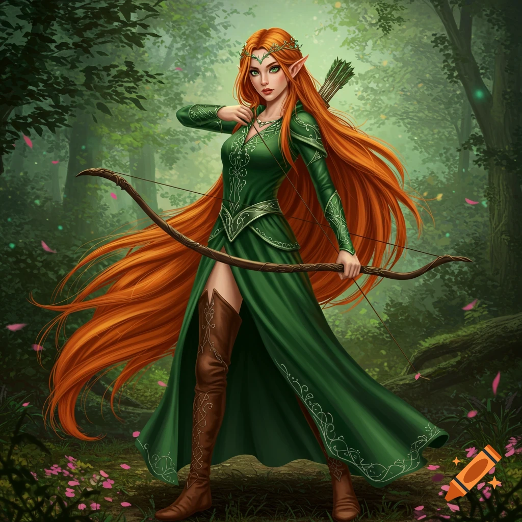 A red-haired elf woman in a green dress with a bow and arrow stands in a forest.
