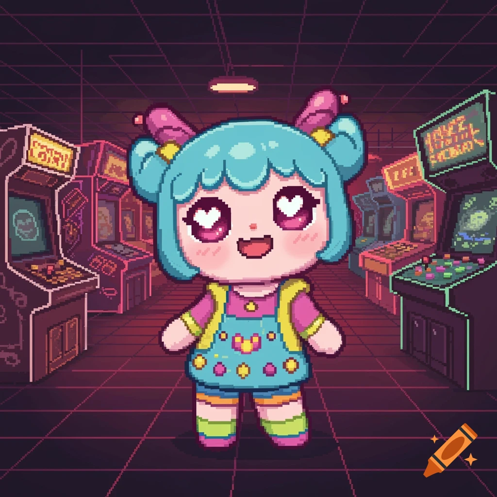 Cute pixel art character with pigtails in a retro arcade