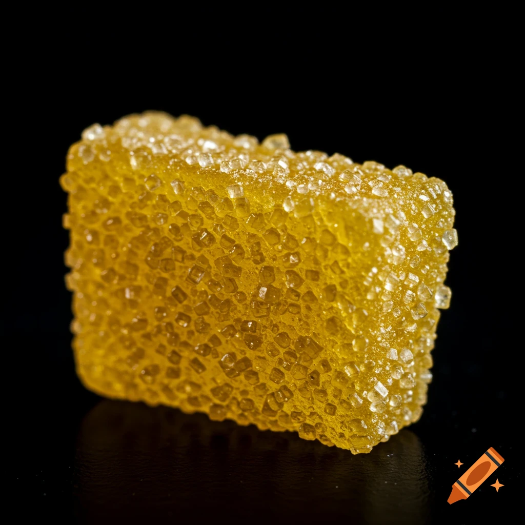 Close-up photo of a single yellow sugar-coated gummy candy on a black background.