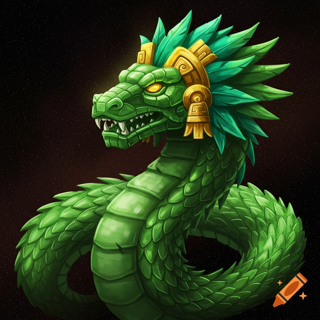 A green feathered serpent with gold adornments.