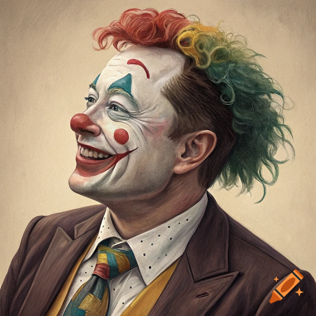 Portrait of a man resembling Elon Musk wearing clown makeup and a suit, in an illustration style.