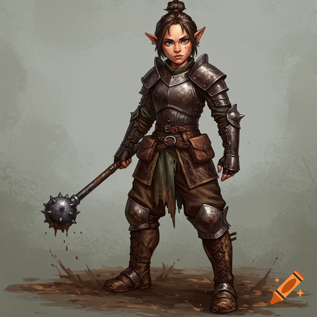 A fantasy illustration of a young halfling woman in armor holding a mace, covered in mud.