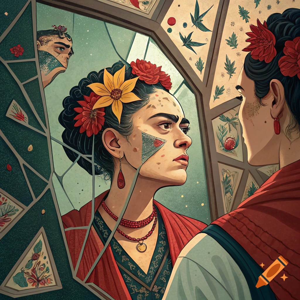 Illustration of a woman in the style of Frida Kahlo looking into a broken mirror.