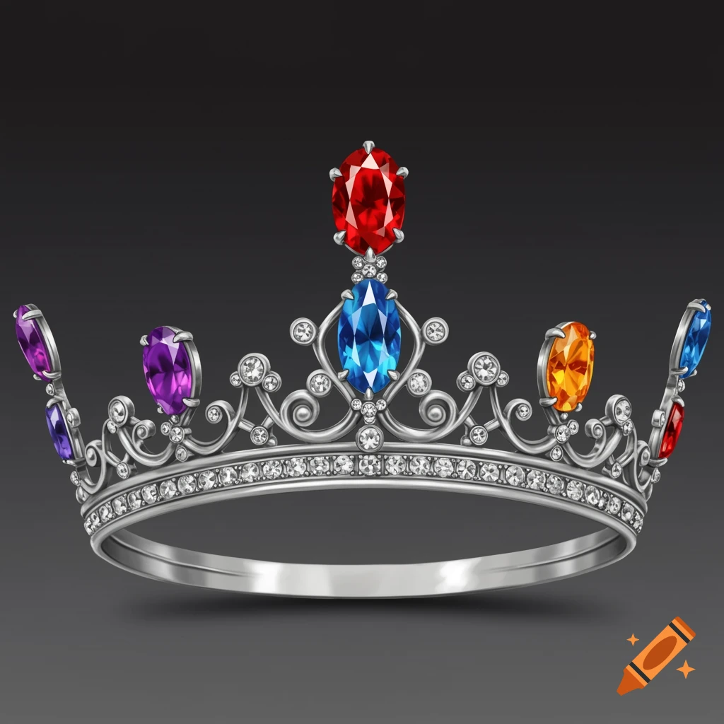 An ornate silver crown with red, blue, purple, and orange gemstones on a dark background.