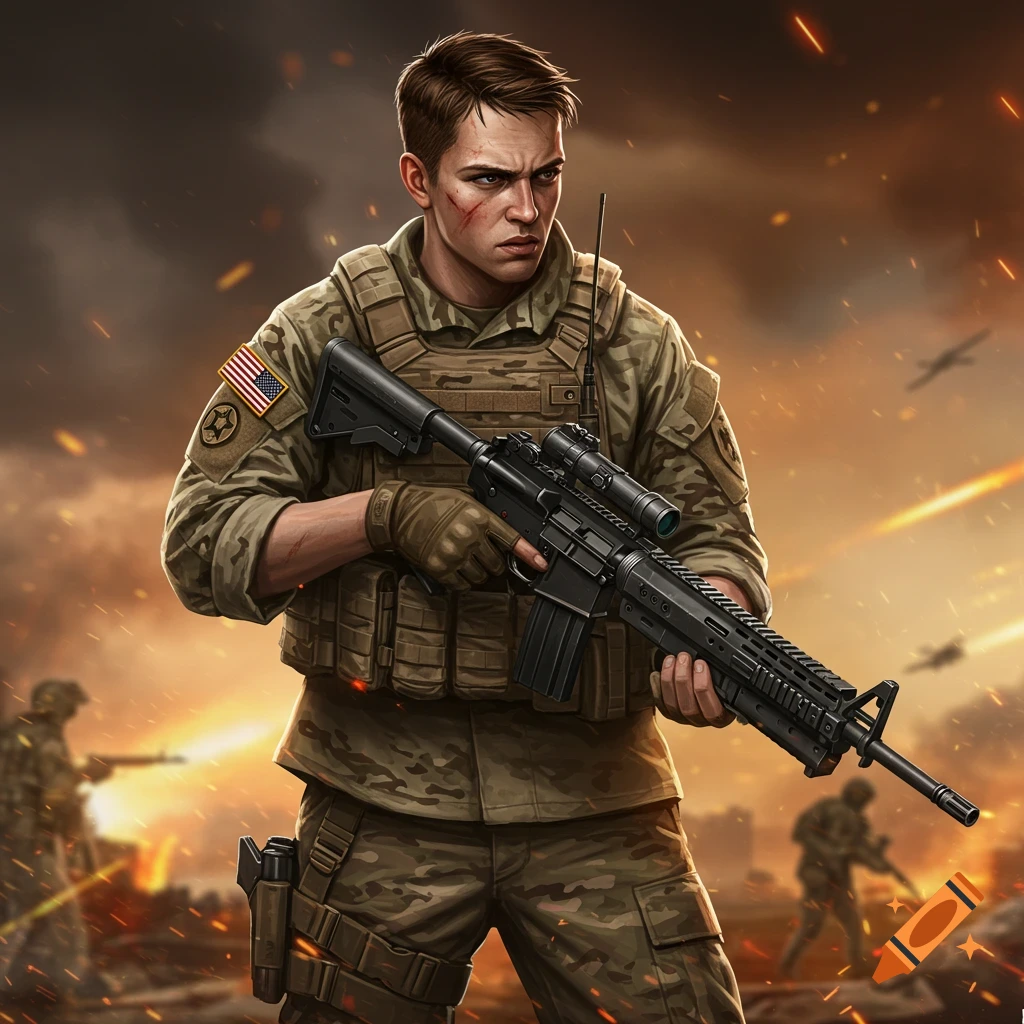 A soldier with a rifle in a battle scene.
