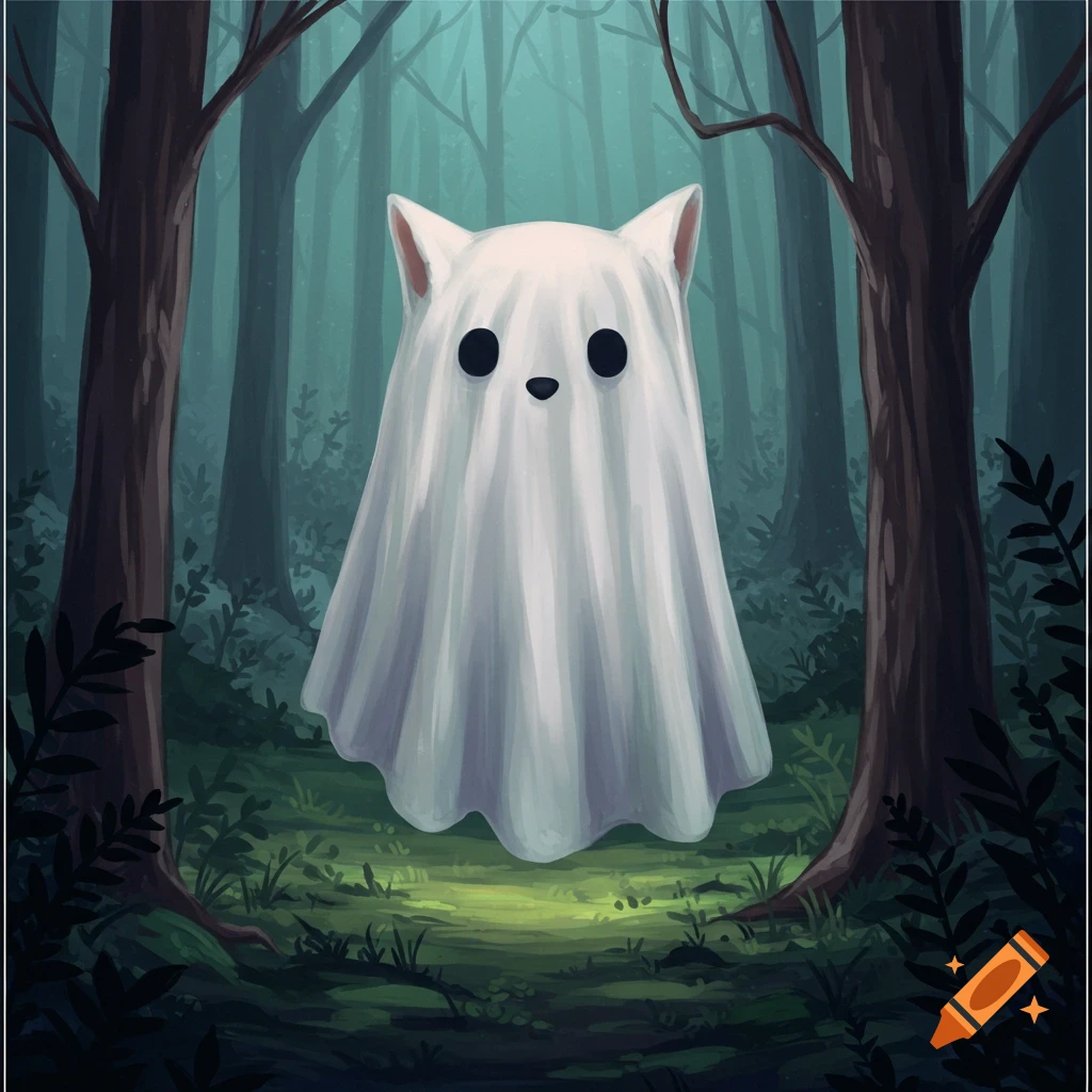 A cute ghost figure with cat ears stands in a stylized forest.