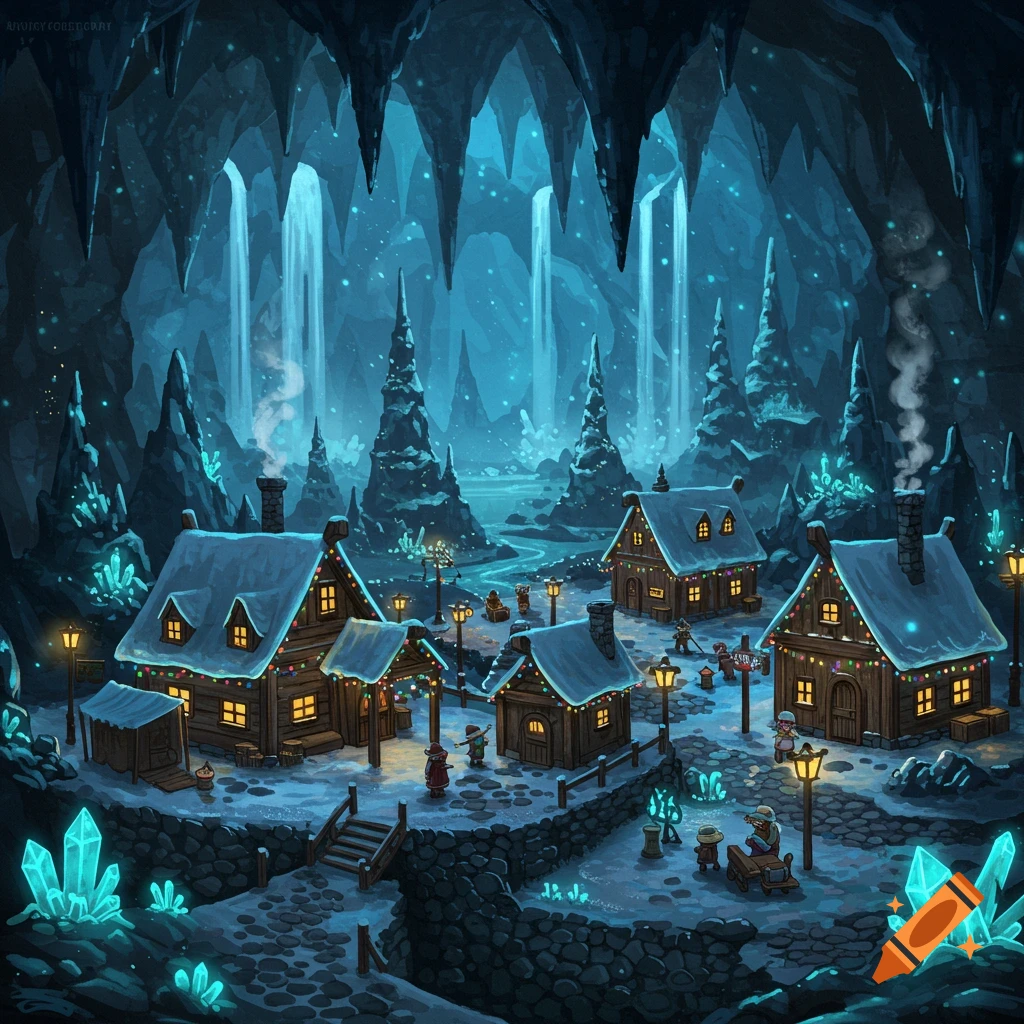 A snowy town inside a glowing ice cave with waterfalls and crystals.