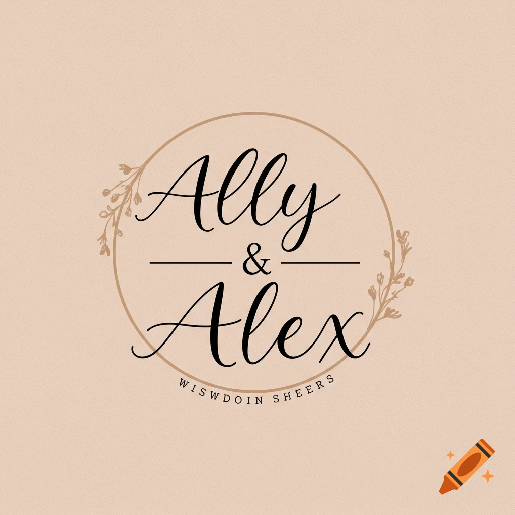 Logo with names Ally & Alex separated by lines and an ampersand inside a circle frame with floral branches.