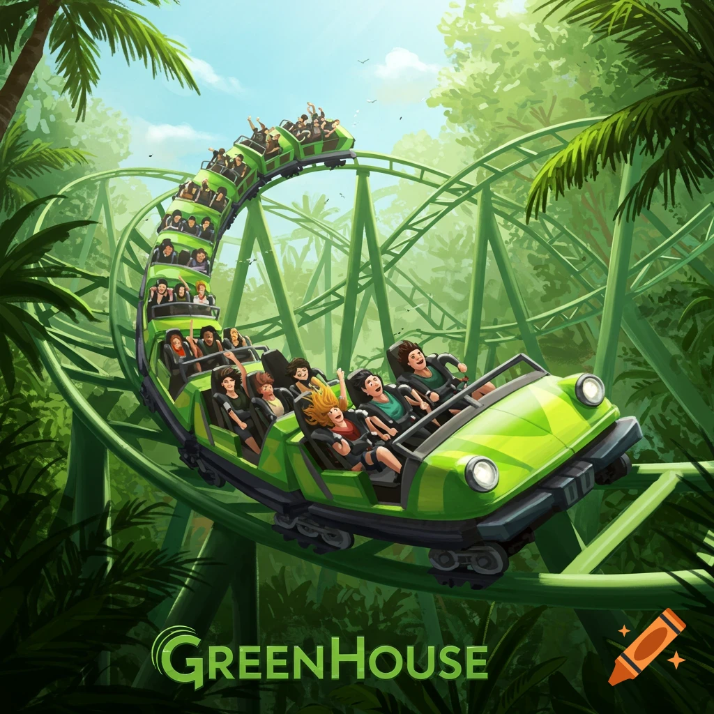 A bright green rollercoaster full of people rides through a lush green jungle.