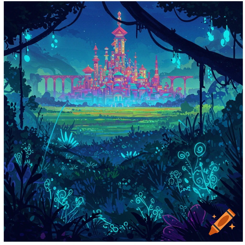 A vibrant, colorful fantasy city with towers and spires in the distance, viewed through dark, stylized foliage in the foreground.