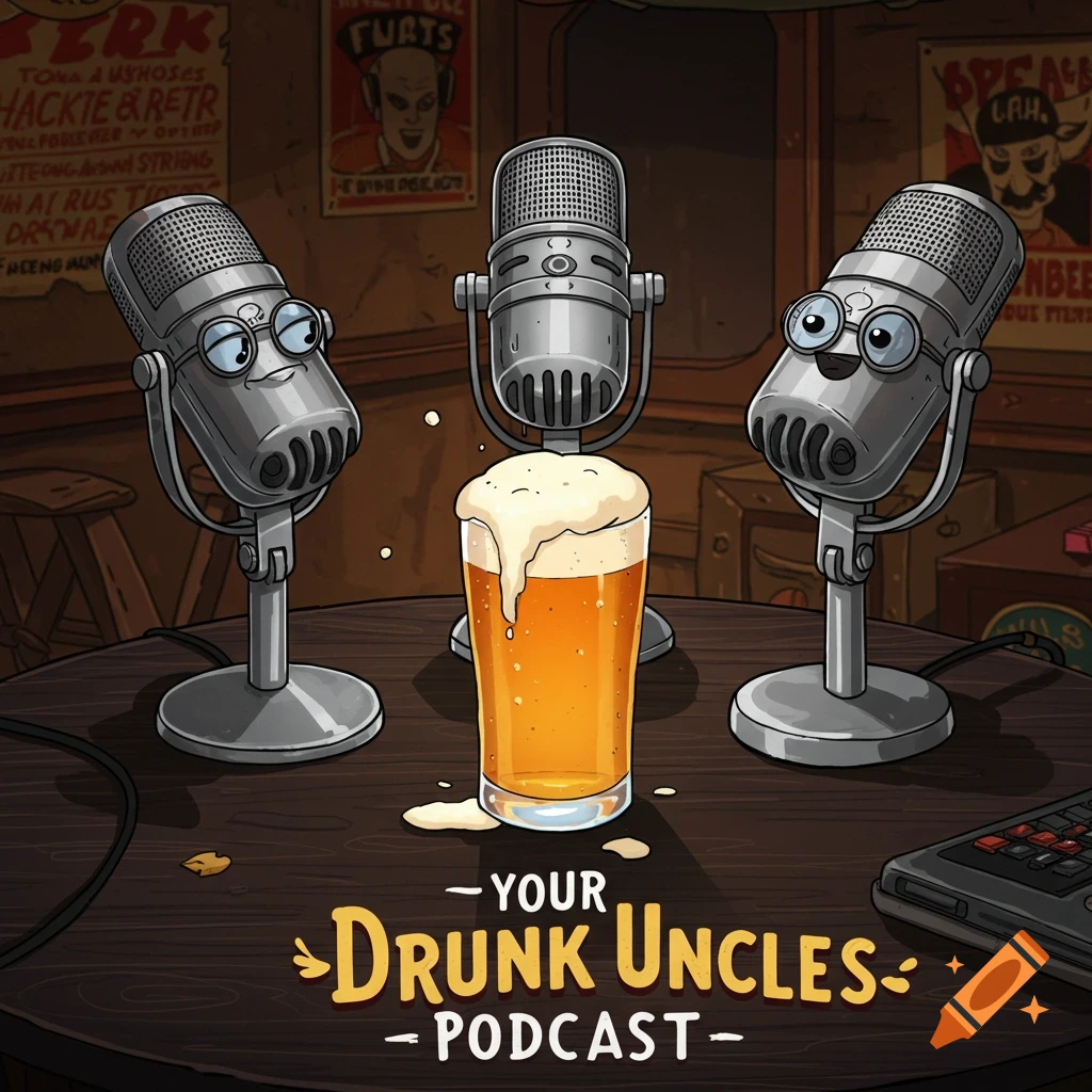 Cartoon microphones with faces and a glass of beer on a table, with text "Your Drunk Uncles Podcast" in an illustration style.